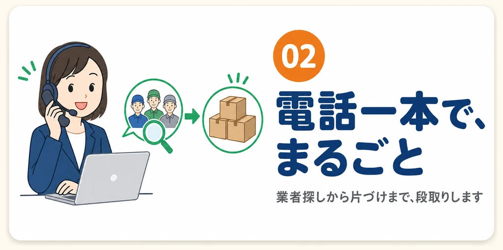 02 電話一本で、まるごと：業者探しから片づけまで、段取りします