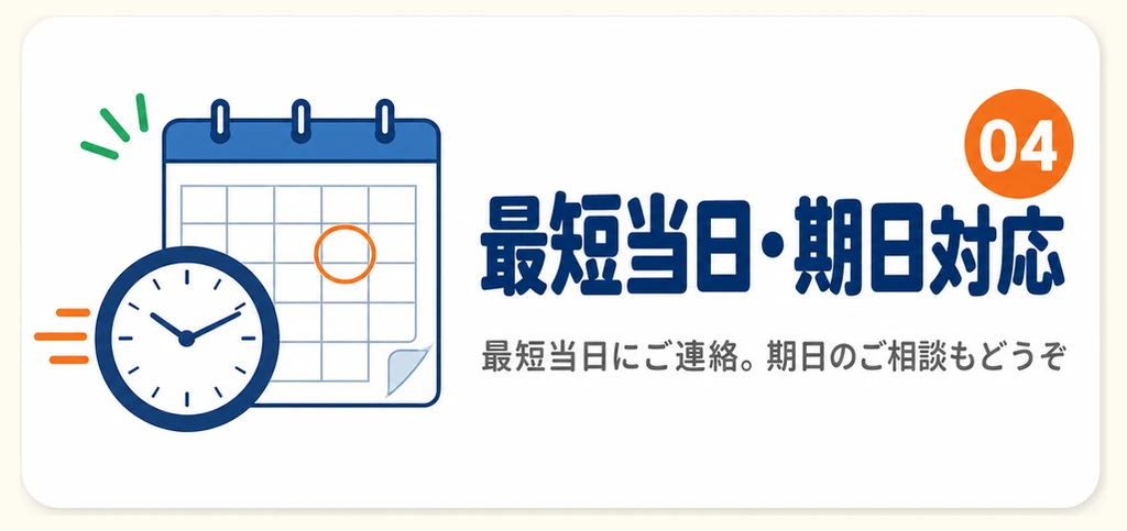 04 最短当日・期日対応：最短当日にご連絡。期日のご相談もどうぞ