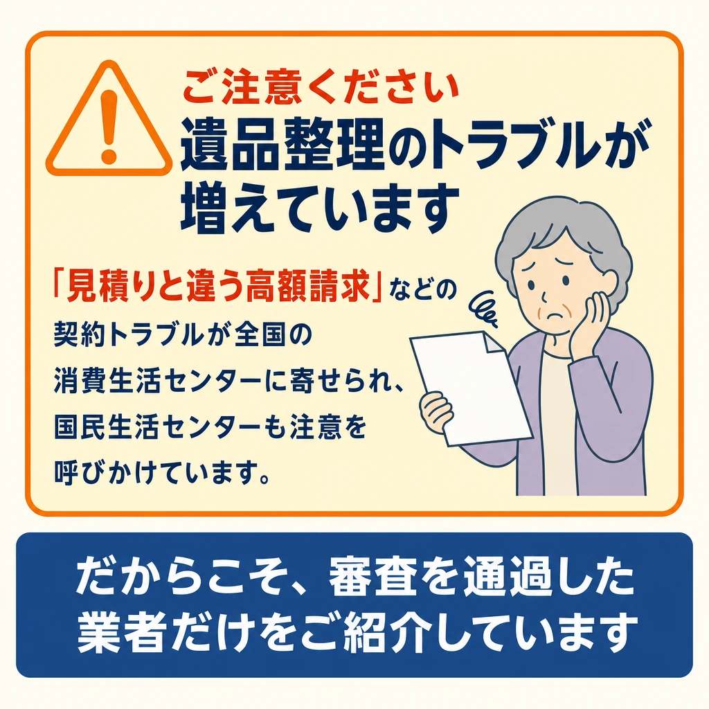 ご注意ください：遺品整理のトラブルが増えています。「見積りと違う高額請求」などの契約トラブルが全国の消費生活センターに寄せられ、国民生活センターも注意を呼びかけています。だからこそ、審査を通過した業者だけをご紹介しています